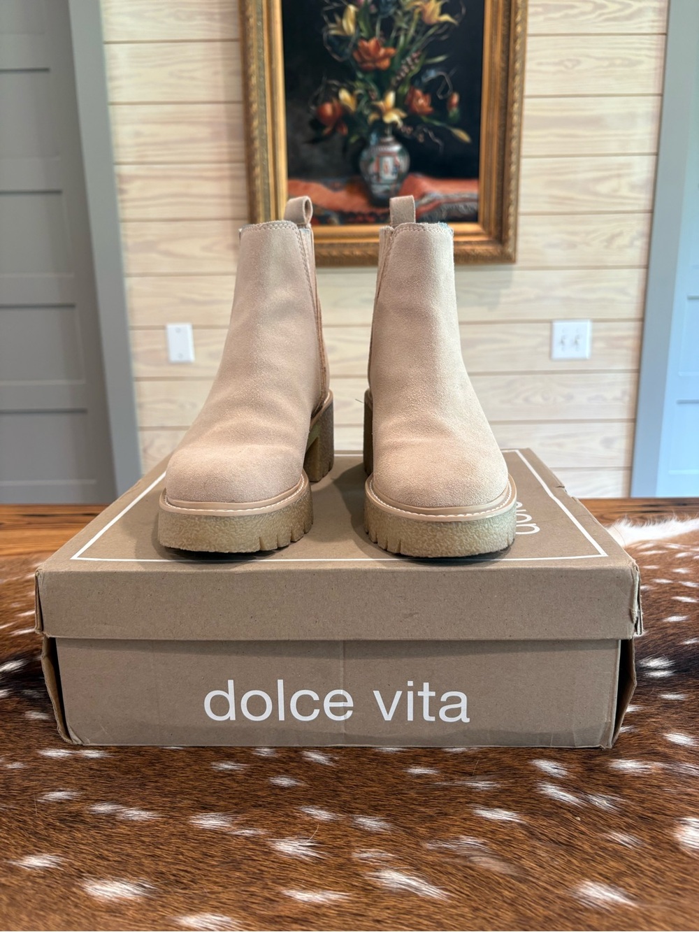 Dolce Vita Beige/Tan Suede Platform Chelsea Booties